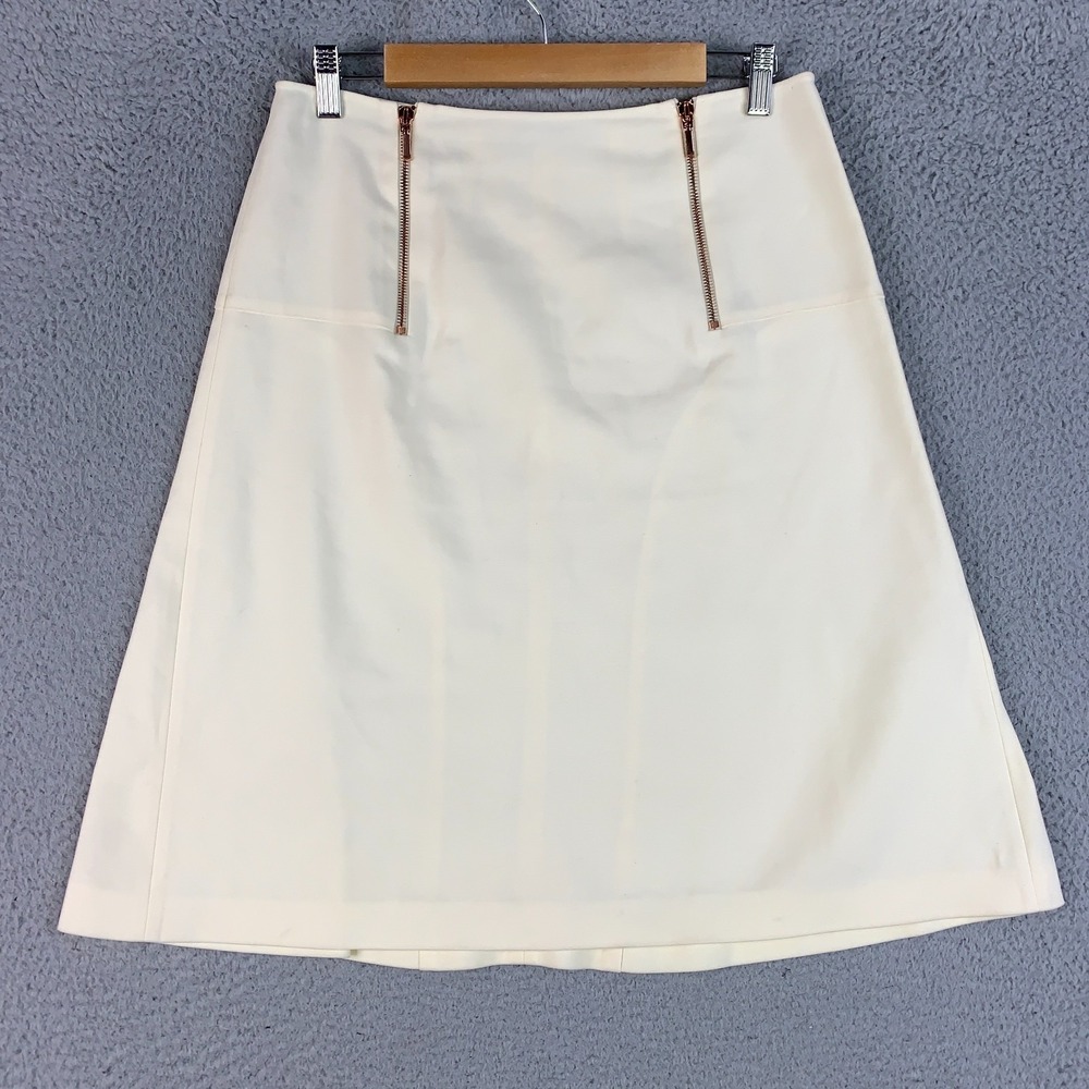 Cedric Charlier A-Line Skirt Size 10 Cream w/ Gold Zippers Cotton Blend Formal